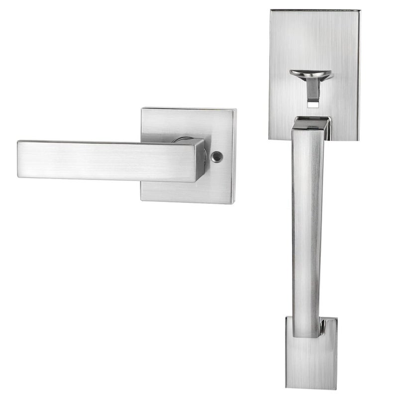 Azdele Front Door Handle Silver Set, Entry Satin Nickel Door Handle with for Right and Left Handed Doors, Single Cylinder Exterior Door Handle Set with Lower Half Lever, Satin Nickel - Image 1